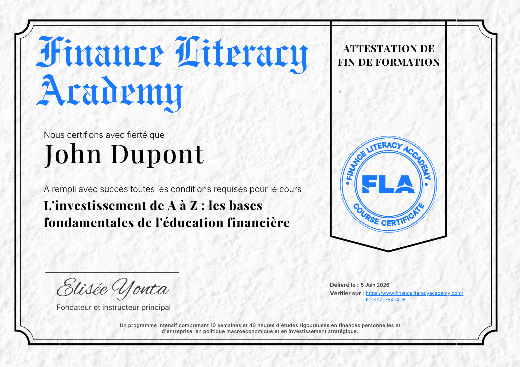 Attestation de fin de formation officielle